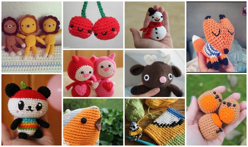 a collage of my crochet projects, lots of amigurumi