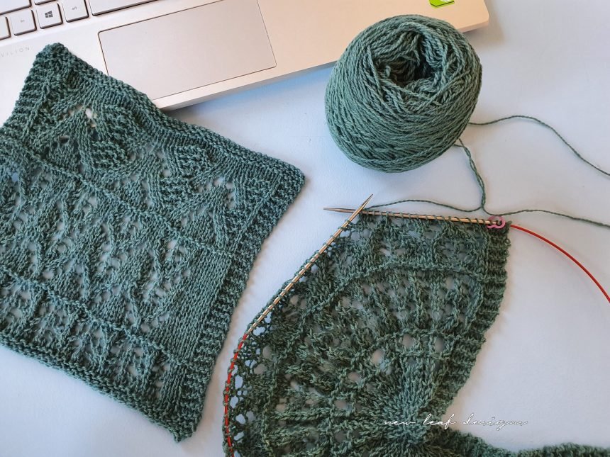 scent of the pine shawl swatch and yarn flat-lay on desk