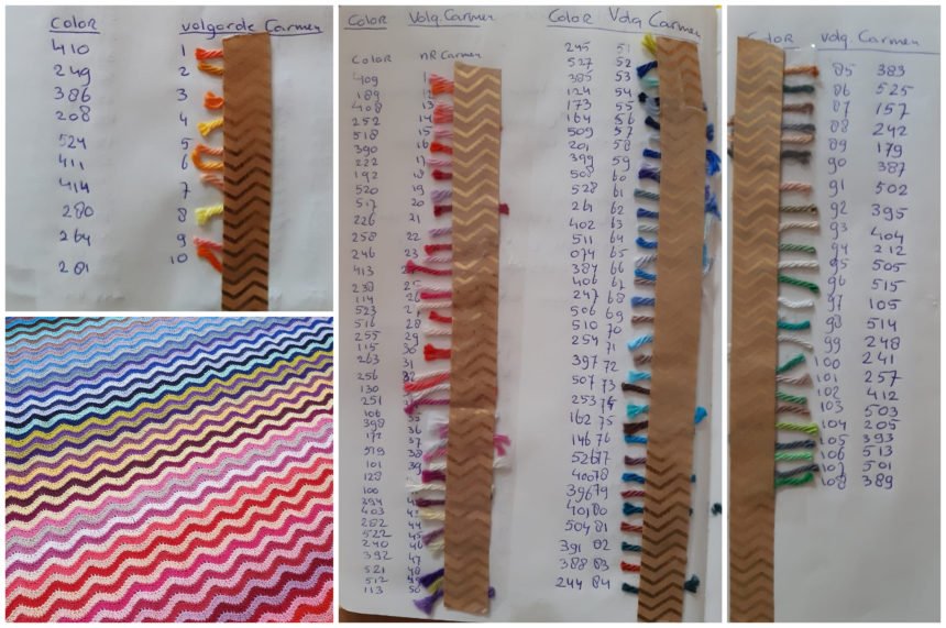 pictures of notebook with scraps of yarn taped to it with numbers written on the side