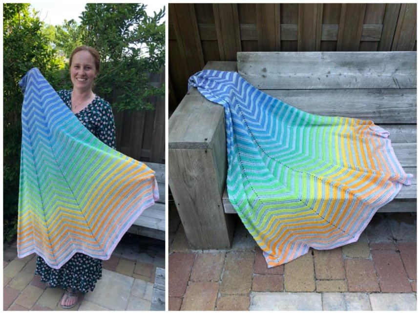 tester version of chevron boulevard shawl in rainbow colours