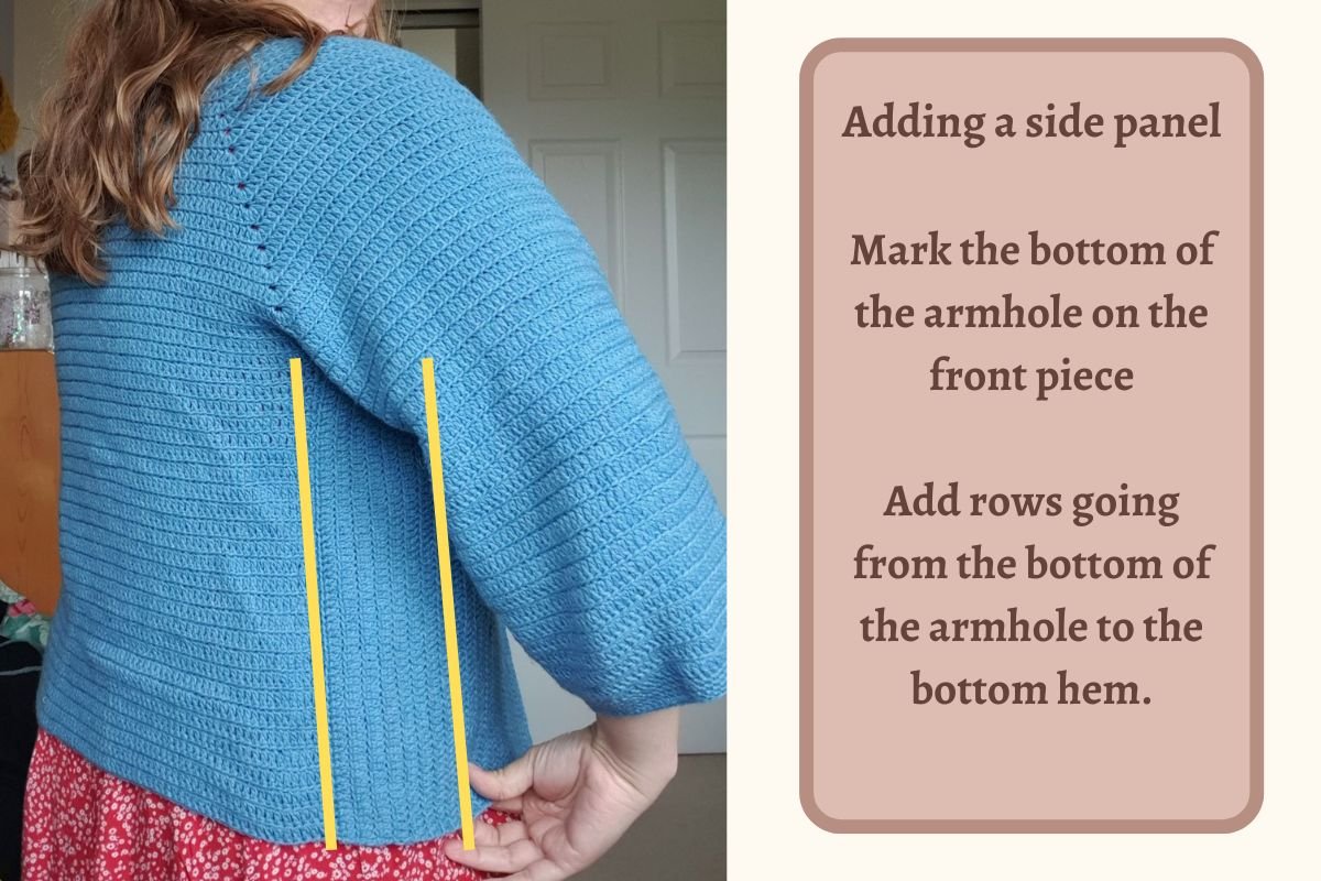 image of side of the cardigan with the caption: "Adding a side panel. Mark the bottom of the armhole on the front piece. Add rows going from the bottom of the armhole to the bottom hem."